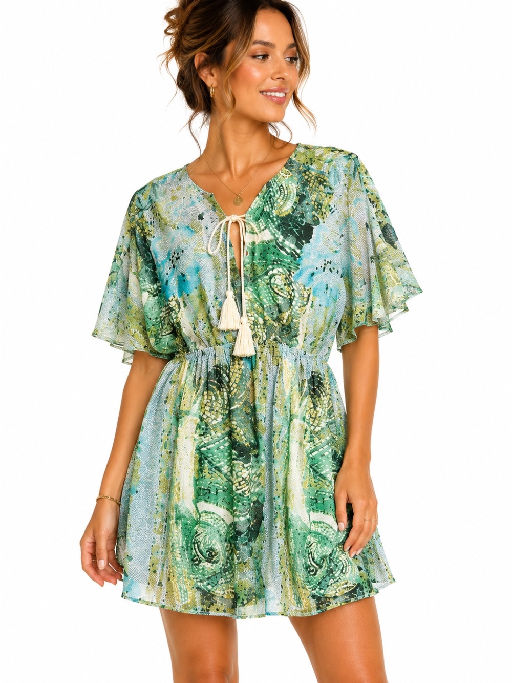 ARK‎ & CO floral watercolor keyhole tassel flutter peasant mini dress, Size M